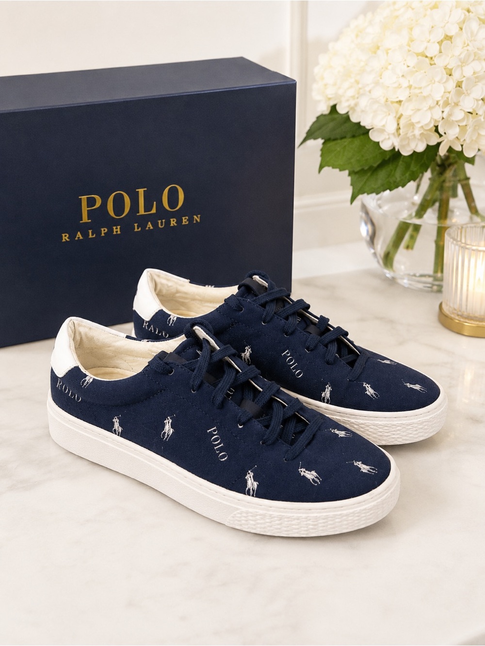 Polo Ralph Lauren Navy Blue Canvas All Over Pony Embroidered Sneakers Womens 7.5